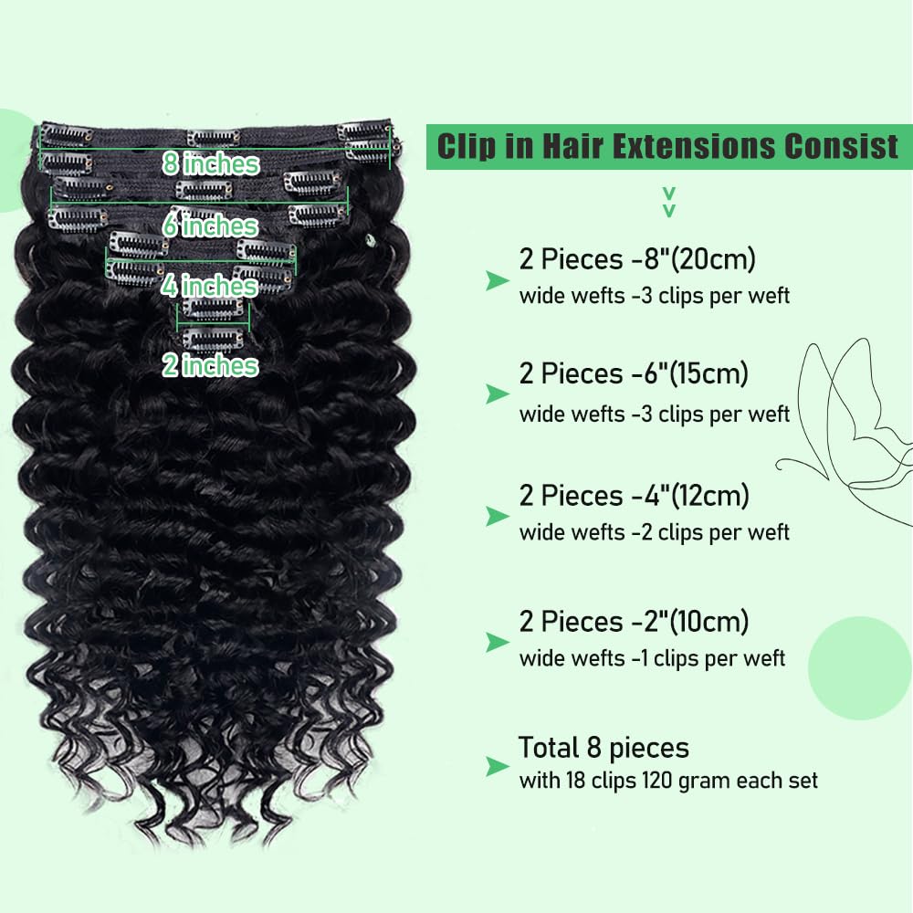 Extensiones de cabello humano real de onda profunda con clip, para mujeres negras, 8 unidades, extensiones de cabello humano Remy brasileño con 18