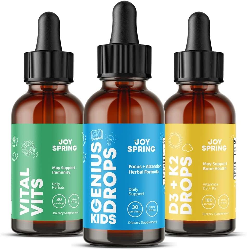 JoySpring Vitamina D3 líquida con vitamina D K2 para niños, apoyo inmunológico para niños, multivitamínico diario con raíz de bardana y saúco para