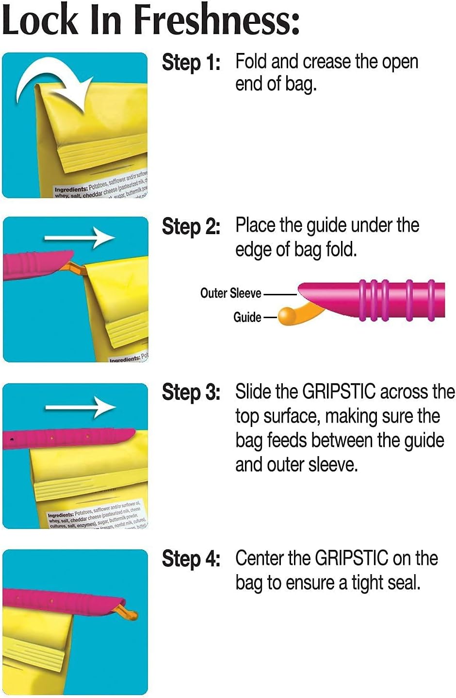 GRIPSTIC Sellador de bolsas – Clips reutilizables para chips, clips para bolsas. Patentado. Sellado hermético e impermeable en bolsas de