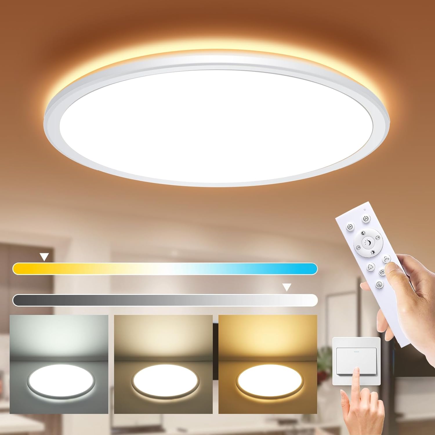 Lámpara de techo LED regulable de montaje empotrado con control remoto, lámpara de techo LED ultrafina de 12 pulgadas y 24 W, 3000 K-6500 K, color