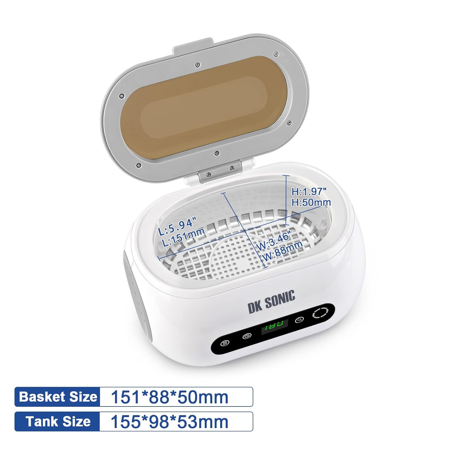 DK SONIC Limpiador ultrasónico de 42 KHz con temporizador digital y cesta para joyas, anillo, anteojos, dentadura, correa de reloj, monedas,