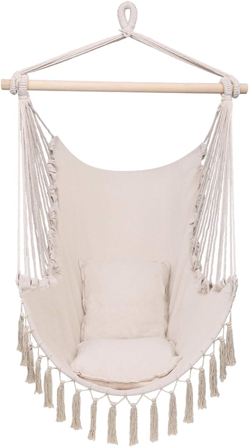 Silla hamaca colgante con cuerda oscilante, almohada colgante con borlas, máximo 330 libras, 2 cojines incluidos, silla colgante grande de macramé