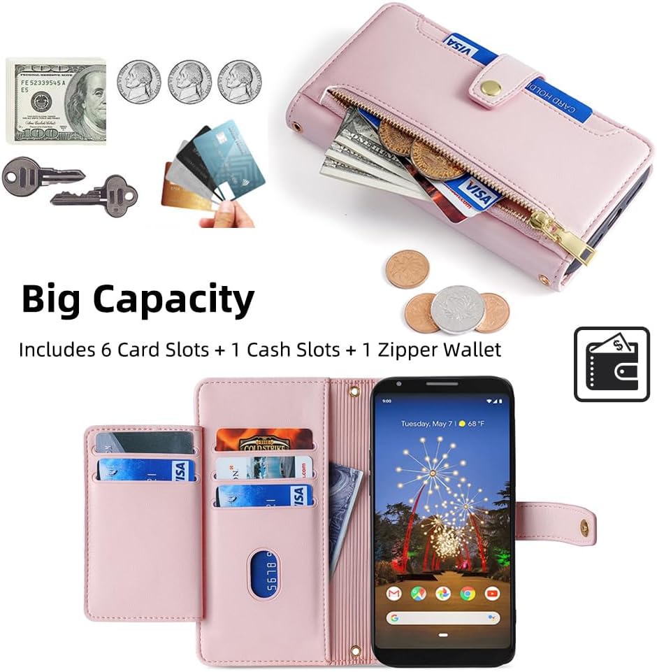 Asuwish Funda de teléfono para Google Pixel 3a Funda tipo cartera y protector de pantalla con cremallera para tarjetero, soporte de ranura de cuero,