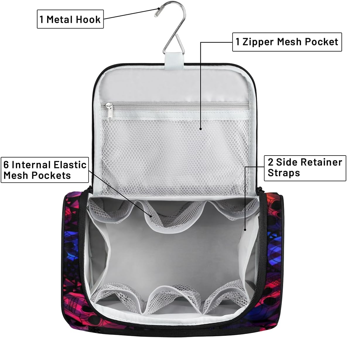 Skull Art Design Toiletry Bag for Women Travel Makeup Organizer with Hanging Hook Traveling Cosmetic Bags for Toiletries Accessories