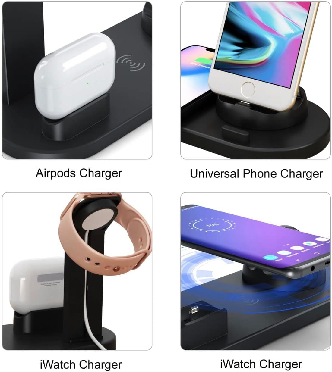Cargador inalámbrico 4 en 1 Cargadores multifunción 15w Fast 6 en 1 Base de carga para AirPods Watch Phone iPhone 14131211propro maxXXmax (negro)