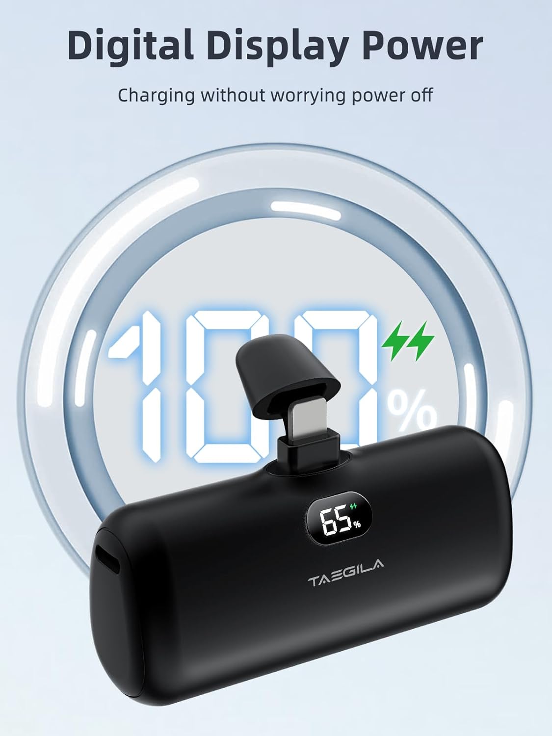 Taegila Cargador portátil pequeño para iPhone de 5000 mAh con cable integrado, banco de energía compacto certificado MFi con pantalla LCD y luz LED