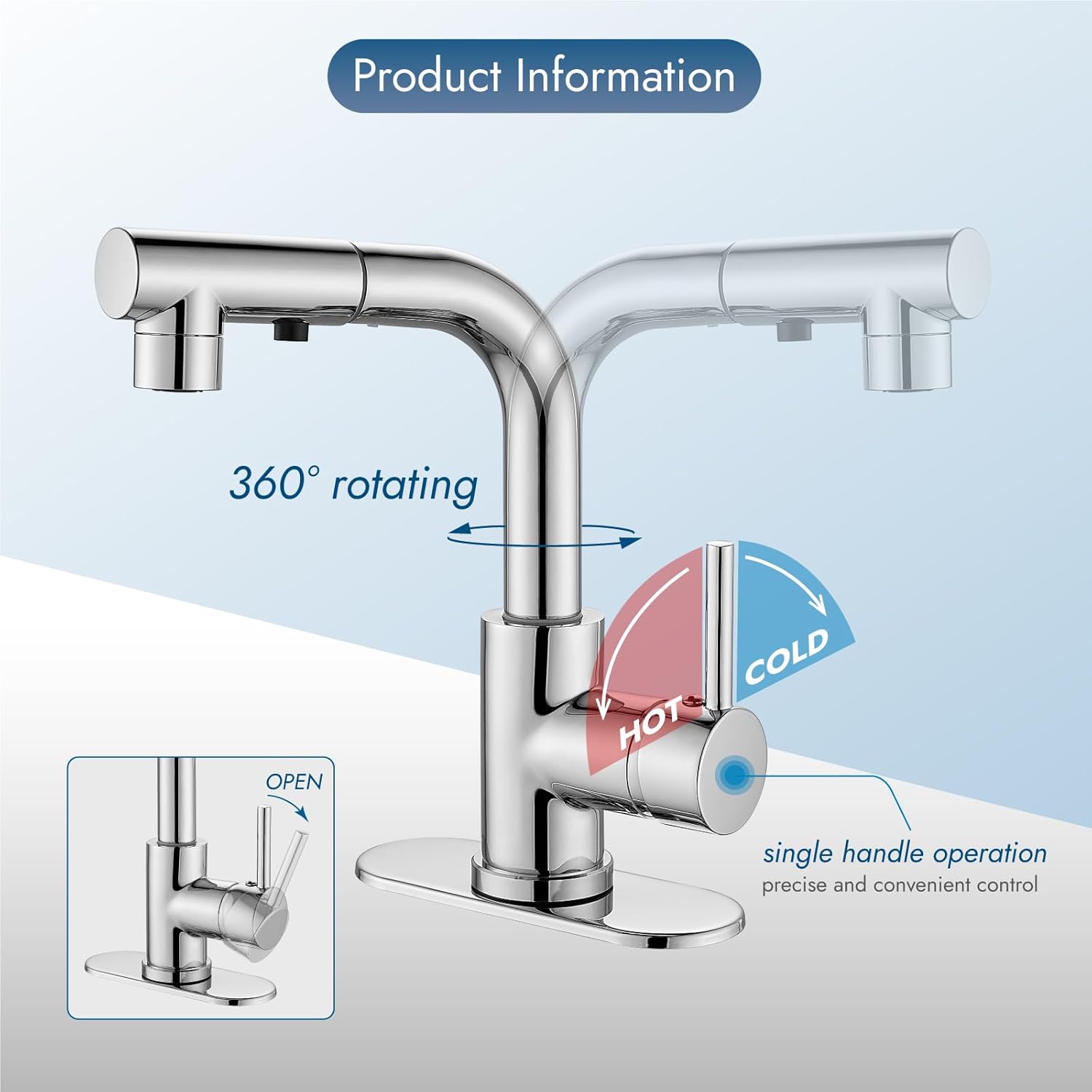 Grifos de baño de cromo pulido de una sola manija Grifos de fregadero de baño con rociador extraíble, grifo de fregadero de barra de montaje en