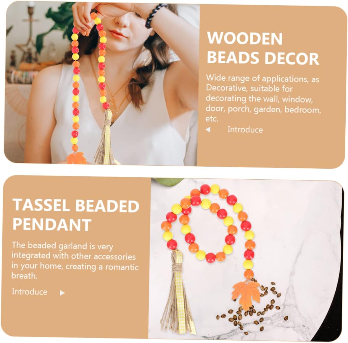 Artibetter 2 guirnaldas de cuentas de madera navideñas para colgar en otoño, guirnalda rústica con borlas, cuentas de madera colgantes de cosecha,