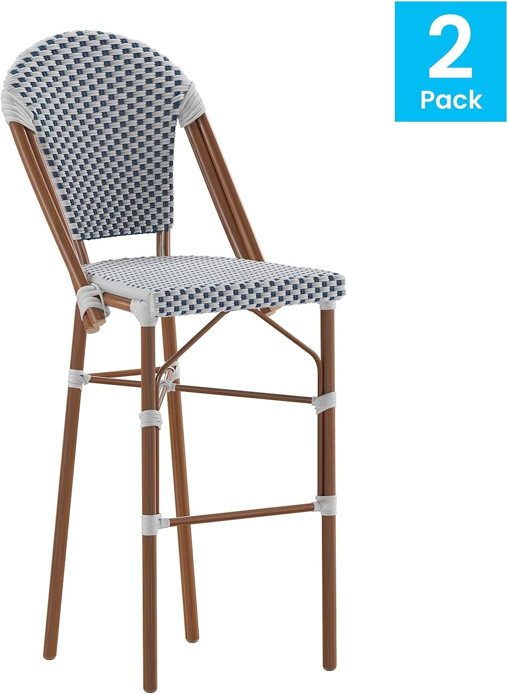 Flash Furniture Lourdes Taburete de bar francés de grado comercial, apilable para interiores y exteriores, 30 pulgadas de alto, acabado blancoazul