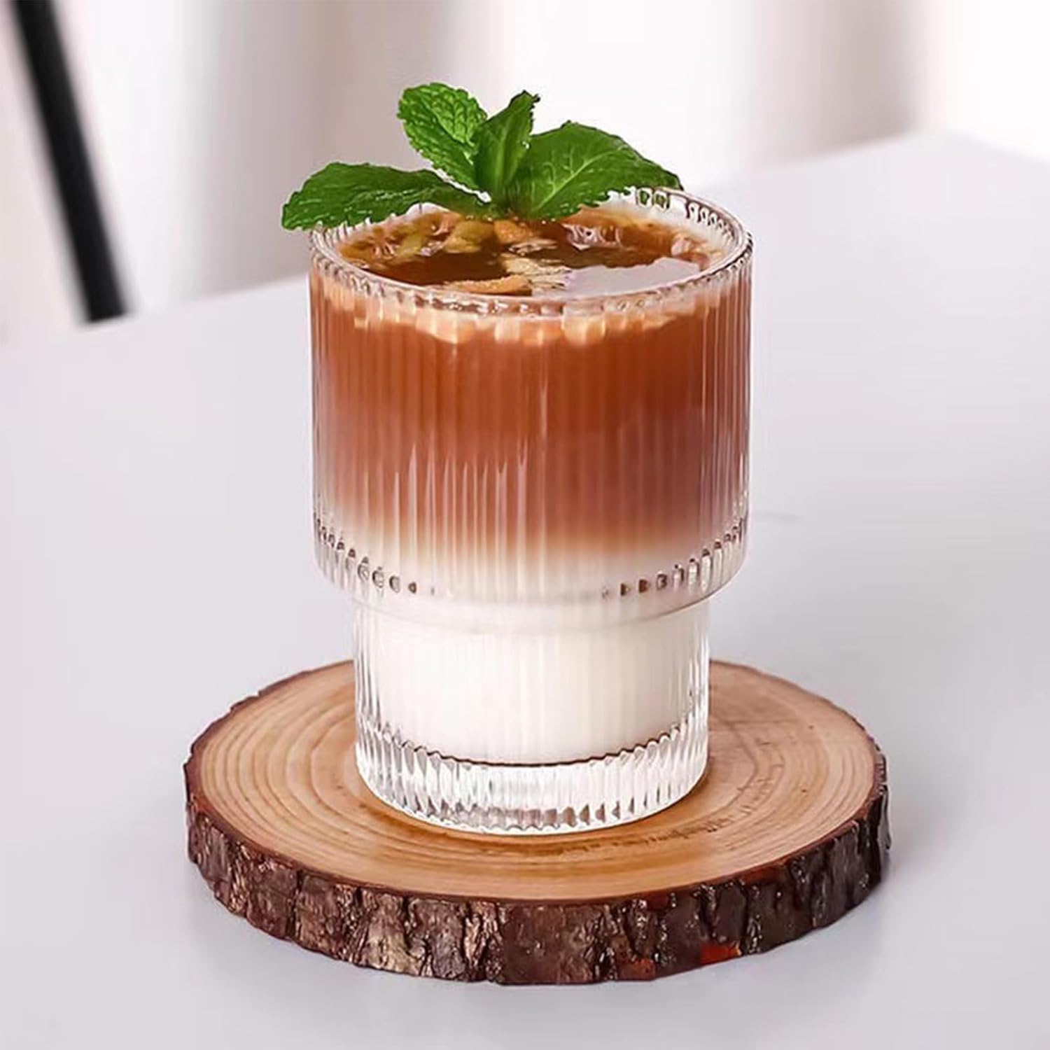 XKXKKE Juego de 6 vasos de bebida acanalados de 7 onzas, vasos transparentes para café helado vintage, vasos altos de vidrio acanalado para cola de