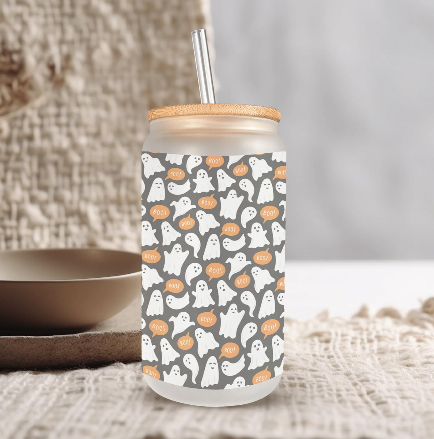 Cute Little Ghost Frosted Glass Can with Bamboo Lid, straw and cleaning brush, 16 Oz Halloween Vibes Glass Cup Mugzan