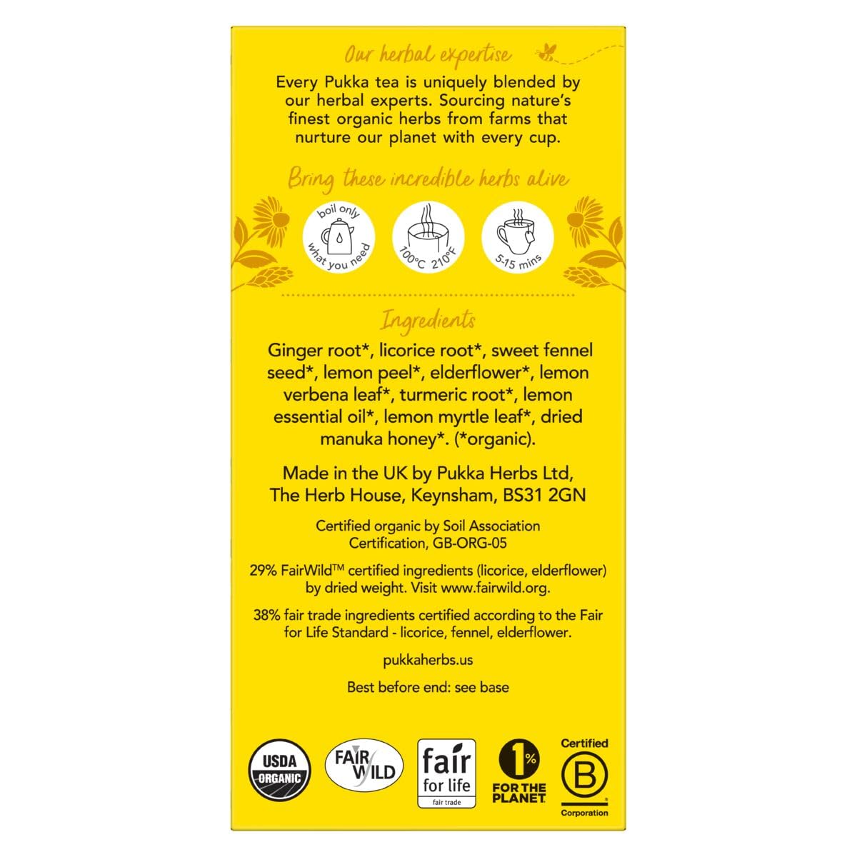 Té de hierbas Pukka, orgánico, de limón, jengibre y miel de manuka, sin cafeína, certificación de comercio justo, certificación Kosher, certificado