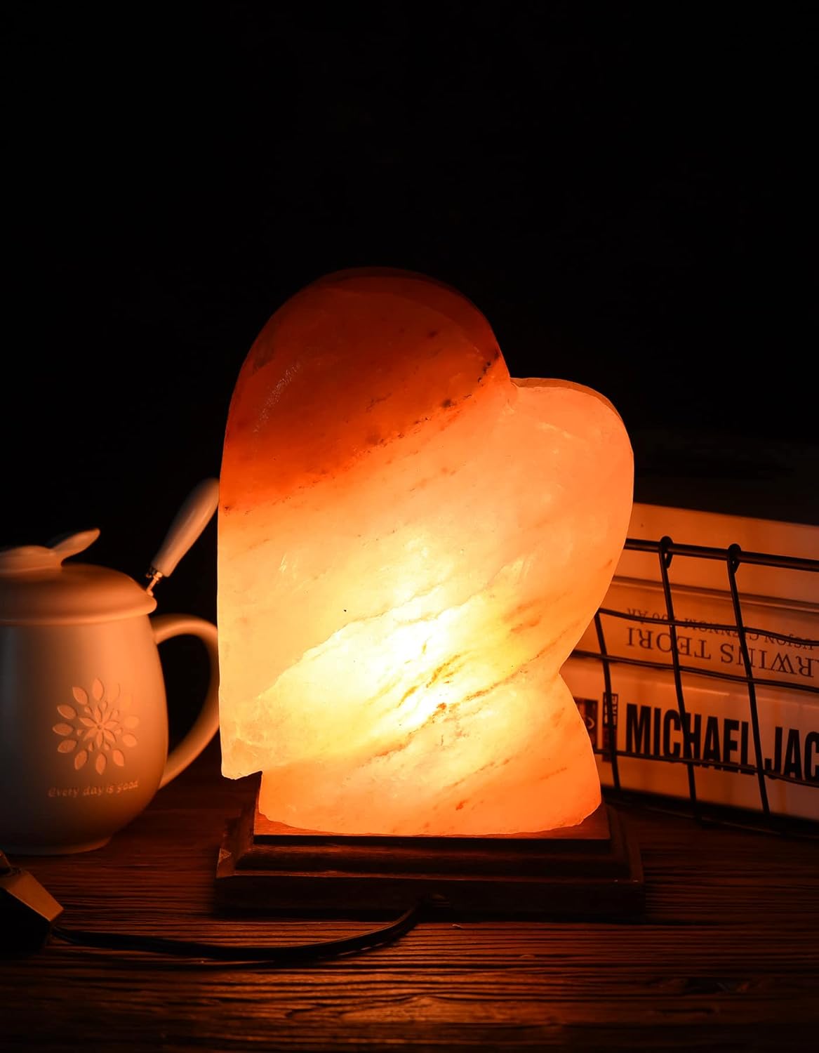 AMOYSTONE Lámpara de sal natural del Himalaya con forma de corazón grande de 6-7 pulgadas, luz nocturna tallada a mano con interruptor UL
