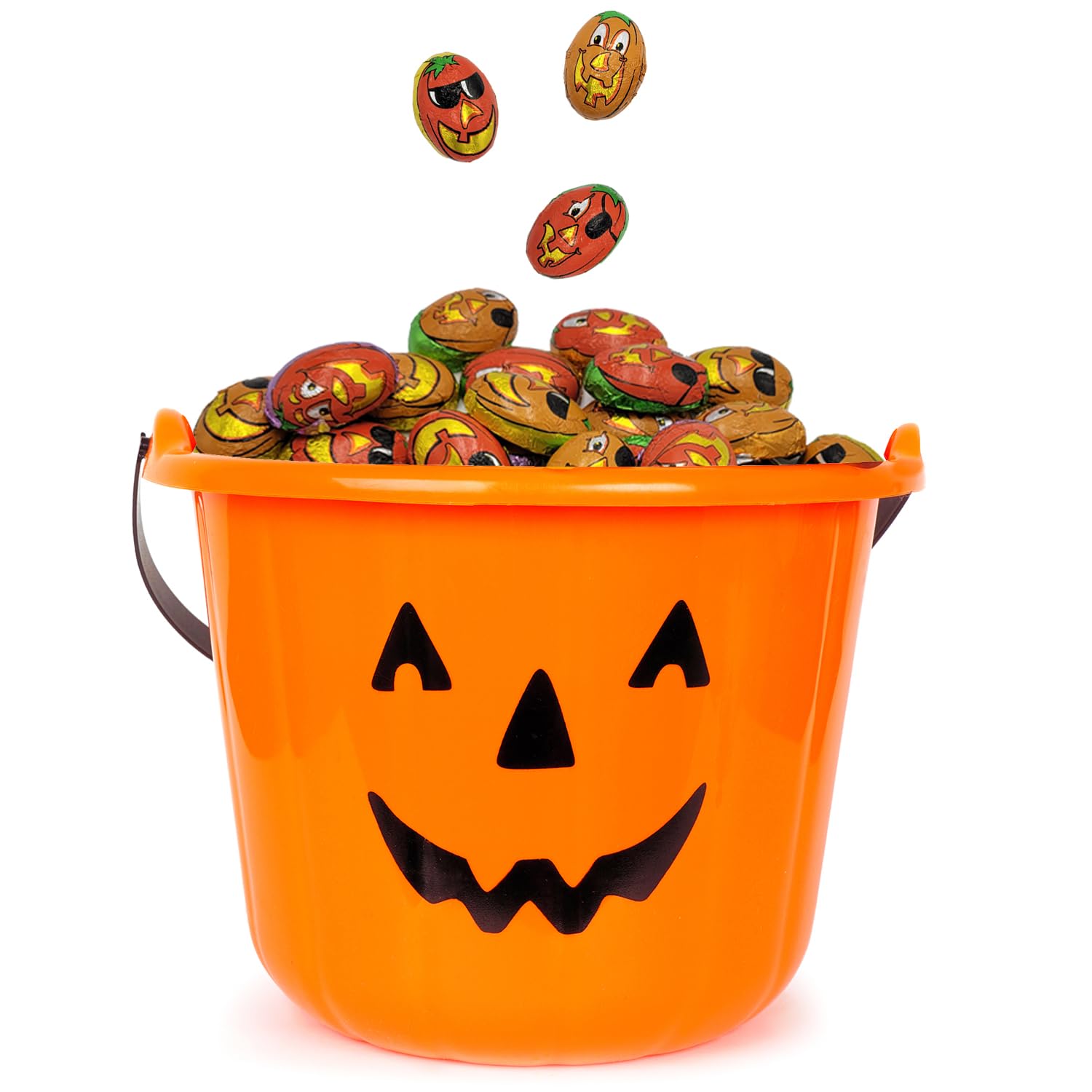 Amigos de calabaza de Halloween, rellenos de bolsas de fiesta de truco o trato, envueltos individualmente en láminas de diseño de cara de calabaza