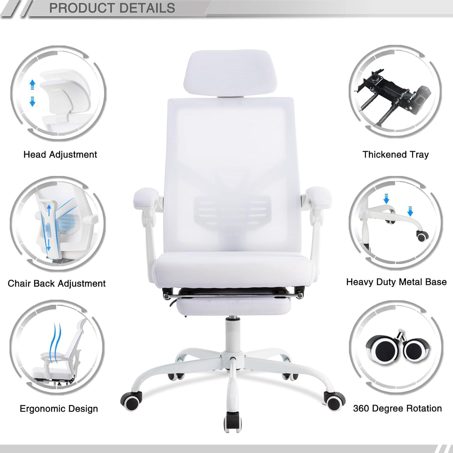 Qulomvs Silla de oficina ergonómica de malla con reposapiés, silla de escritorio de oficina en casa con reposacabezas y respaldo, silla de