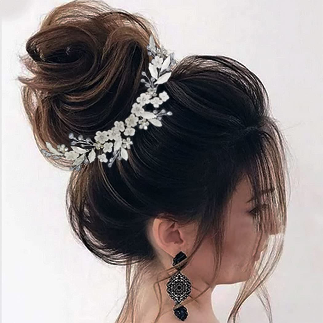 Easedaily Tocado de novia de flores para boda, vid de hoja de plata, tocados de novia con diamantes de imitación, accesorios para el cabello para