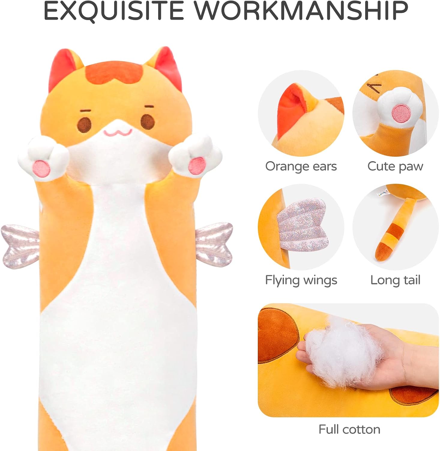 2 piezas de peluche de gato largo, 44 pulgadas, almohada de peluche de gato marrón + almohada de peluche de gatito de ojos grandes negros de 44