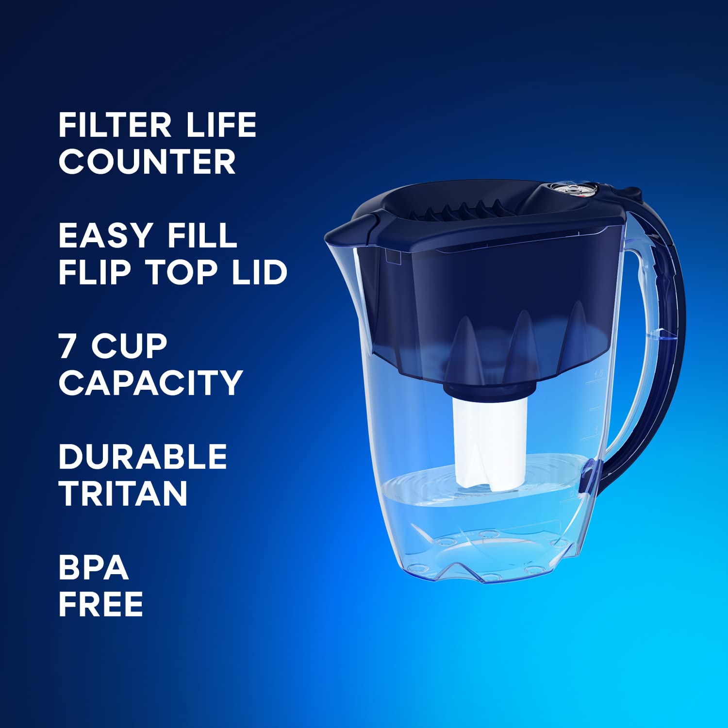 AQUAPHOR Jarra de filtro de agua ideal para 7 tazas, color azul oscuro con 3 filtros B15, cabe en la puerta del refrigerador, reduce la cal y el