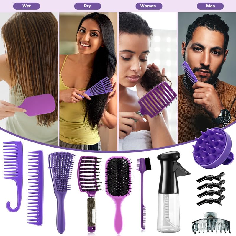 Juego de 11 cepillos de pelo para mujeres y hombres, cepillo desenredante para cabello natural negro, cepillo de cabello rizado con botella de spray