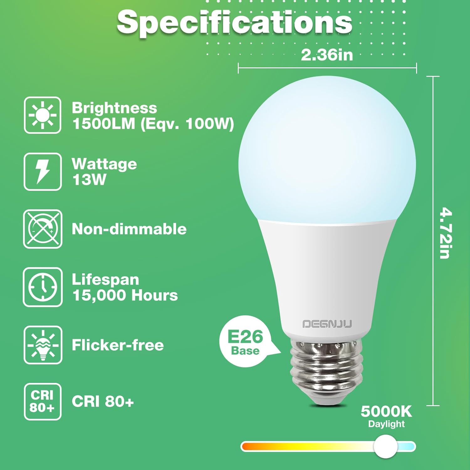 Bombillas LED A19, bombillas LED equivalentes a 100 W, luz diurna 5000 K, 1500 lúmenes, base estándar E26, no regulable, bombillas LED blancas