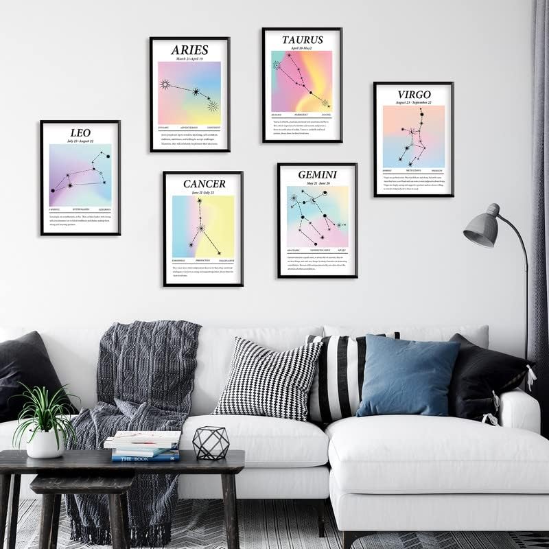 Juego de 6 pósteres de arte de pared impresos en lienzo de doce constelaciones, decoración de pared de astrología, decoración estética de