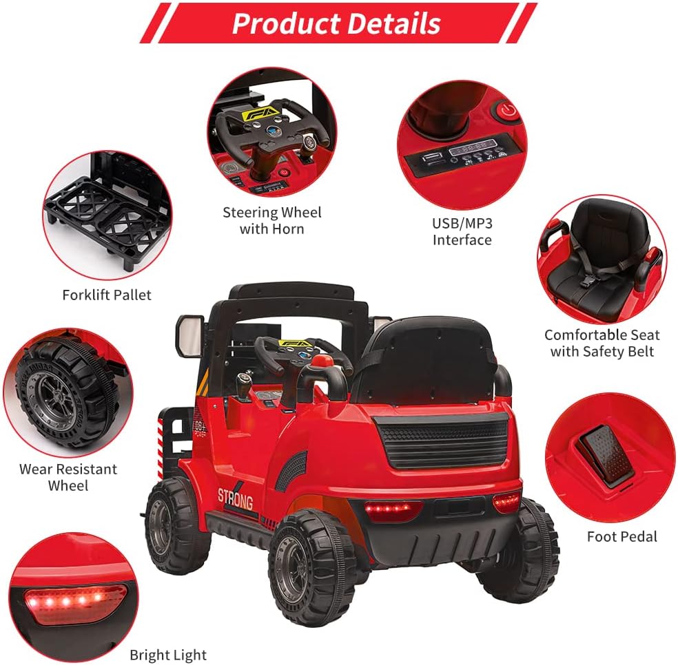 Carretilla elevadora de 12 V, coche eléctrico de construcción con control remoto, horquilla y palet elevable, 2 velocidades, música, USB, MP3 y