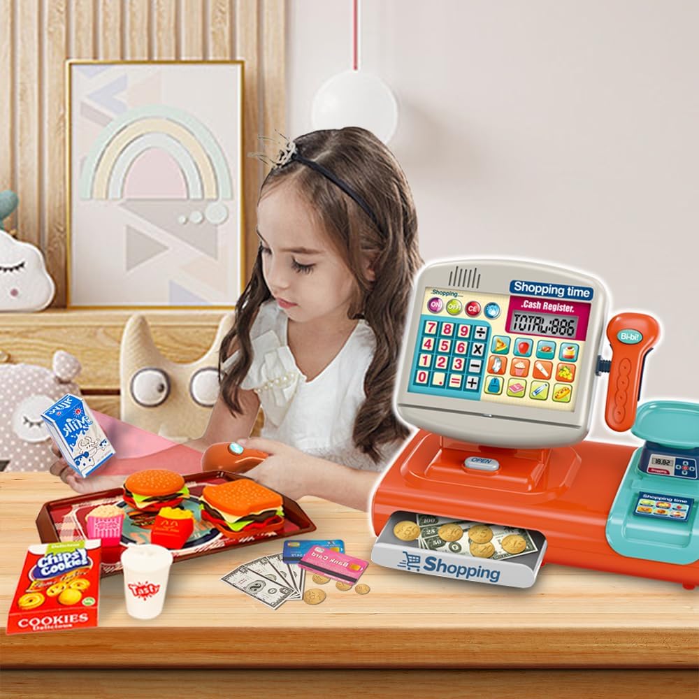 Caja registradora de juguete para niños, tienda de juegos de simulación con calculadora de sonidos y real y simulación de pesador, caja registradora