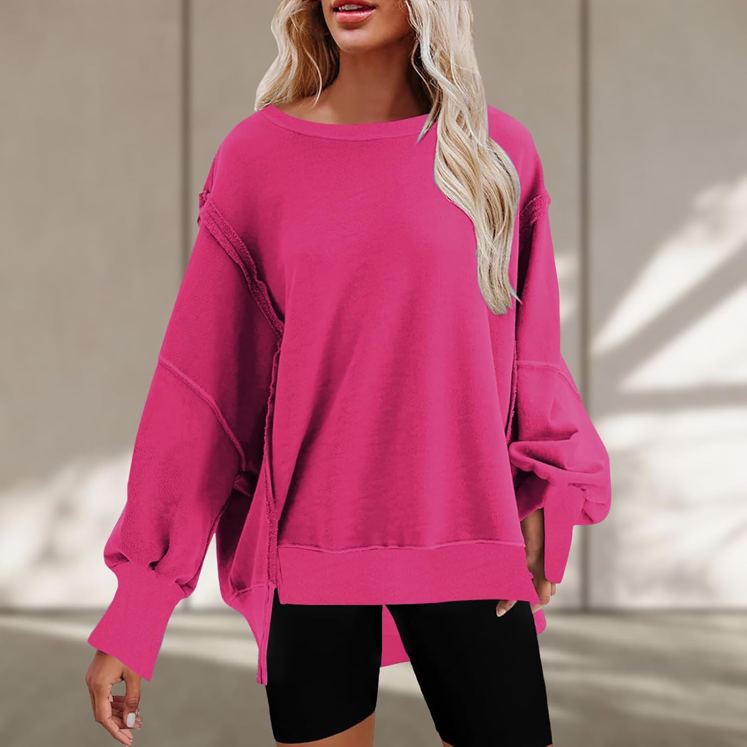 SHOPESSA Sudadera de gran tamaño con cuello redondo para mujer, dobladillo dividido, hombros caídos, sudadera con capucha y ajuste holgado casual