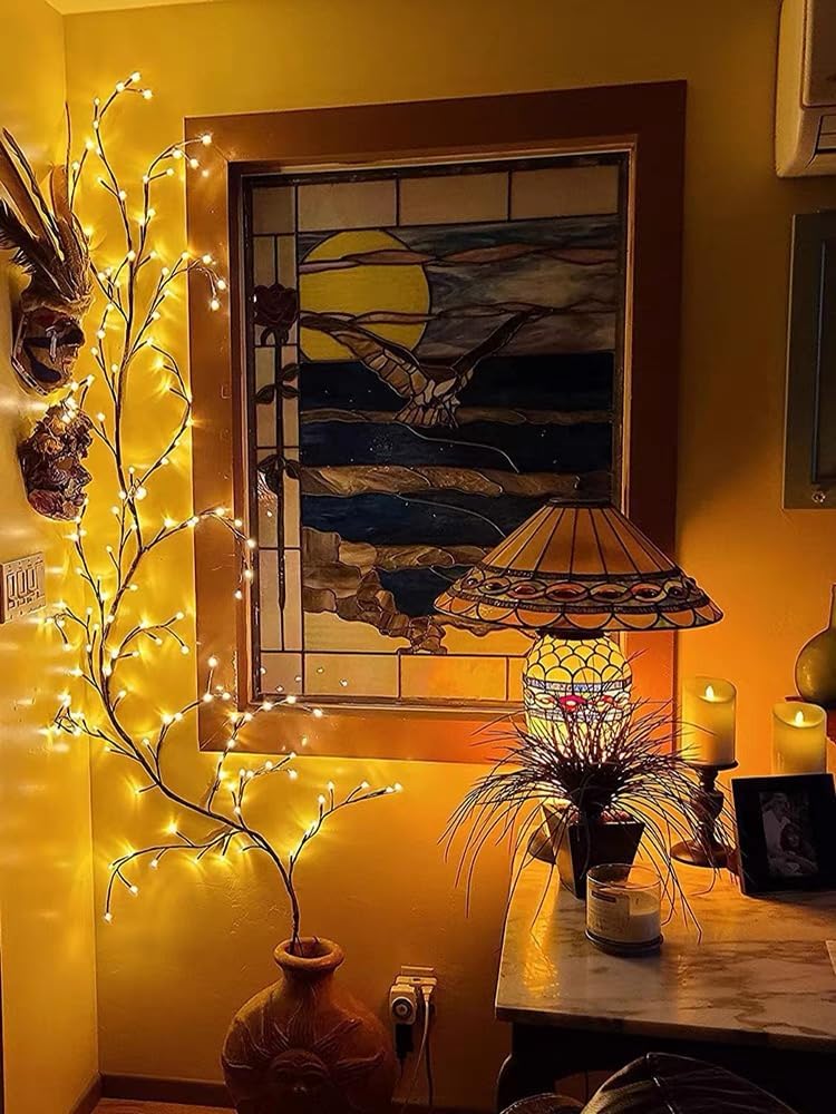 96 luces LED para árbol de pared para interiores, luz de sauce y vid, plantas artificiales, ramas de árbol, 8 modos, 6 pies, flexible, decoración de