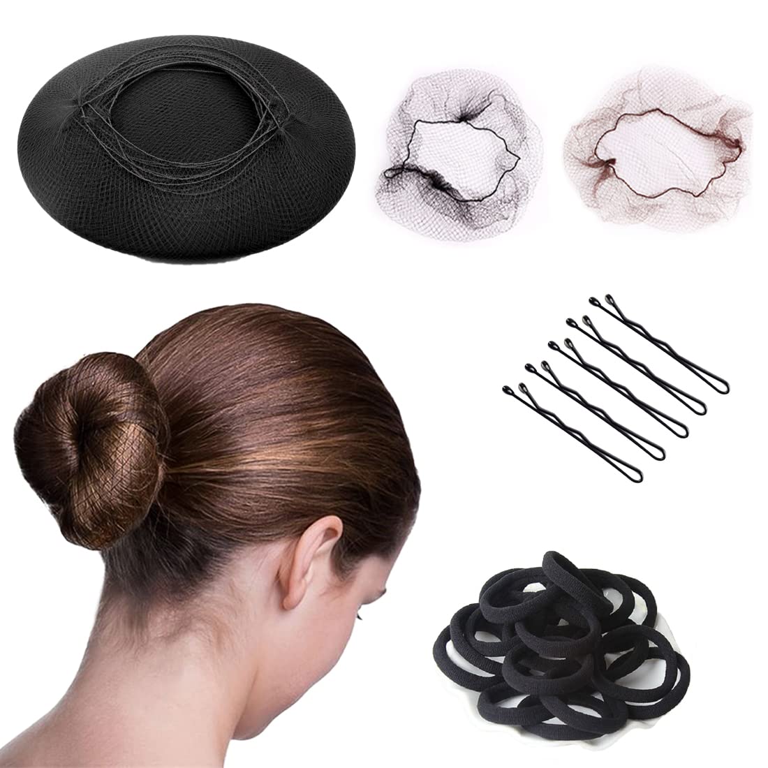 Hair Net Invisible Elasticity Mesh Wig Nets Edge Mesh Set, 30 PCS Hair Net, 50 PCS U-Pin and 20 PCS Seamless Hair Rope,For Hair Bun Dancer Kitchen