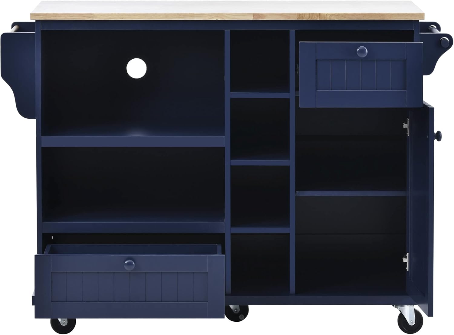 Olela Carrito de isla de cocina con almacenamiento, mesa de cocina móvil rodante para microondas con ruedas con estantes abiertos, cajones y