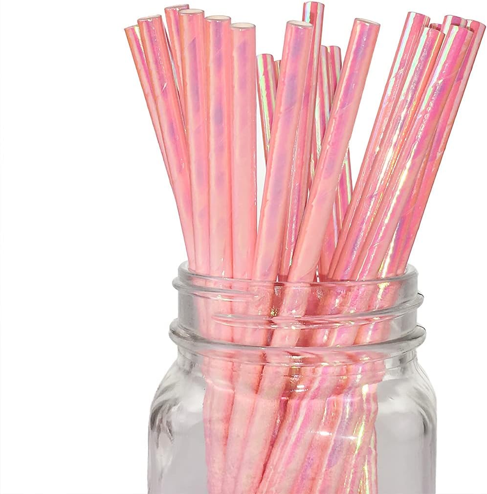 Pajitas de papel biodegradable rosa iridiscente, pajitas de color nacarado para fiestas, peal cake pop, pajitas de papel decorativas para fiestas