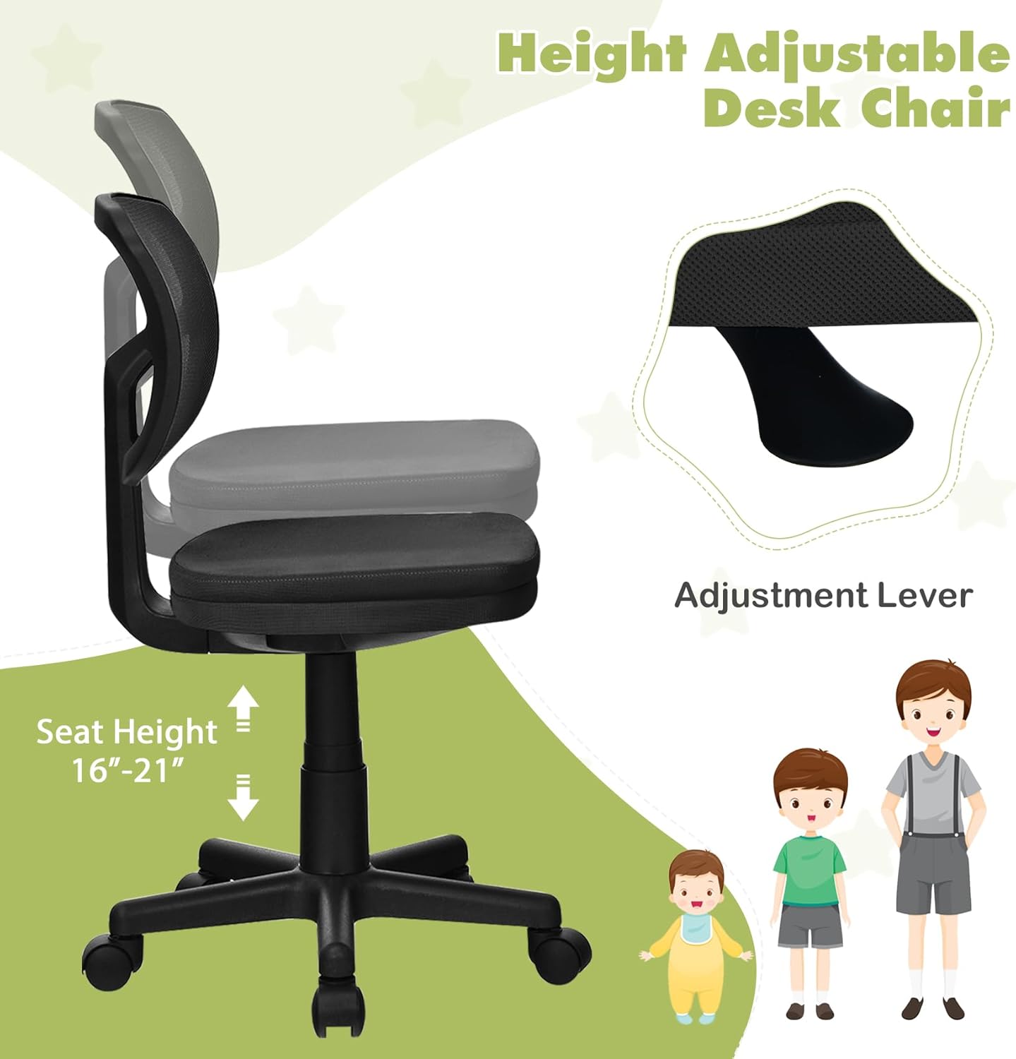Silla de escritorio para niños, silla de estudio para adolescentes y niñas, silla de computadora para niños pequeños, silla de trabajo ajustable de