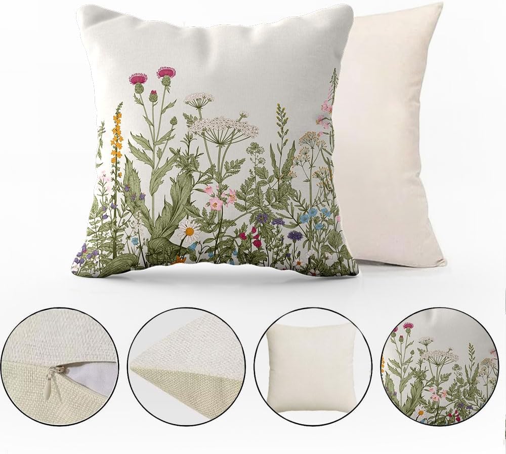 Funda de almohada floral de flores, hierbas botánicas, flores silvestres, plantas de jardín, acuarela, floral, hojas verdes salvia, ropa de cama