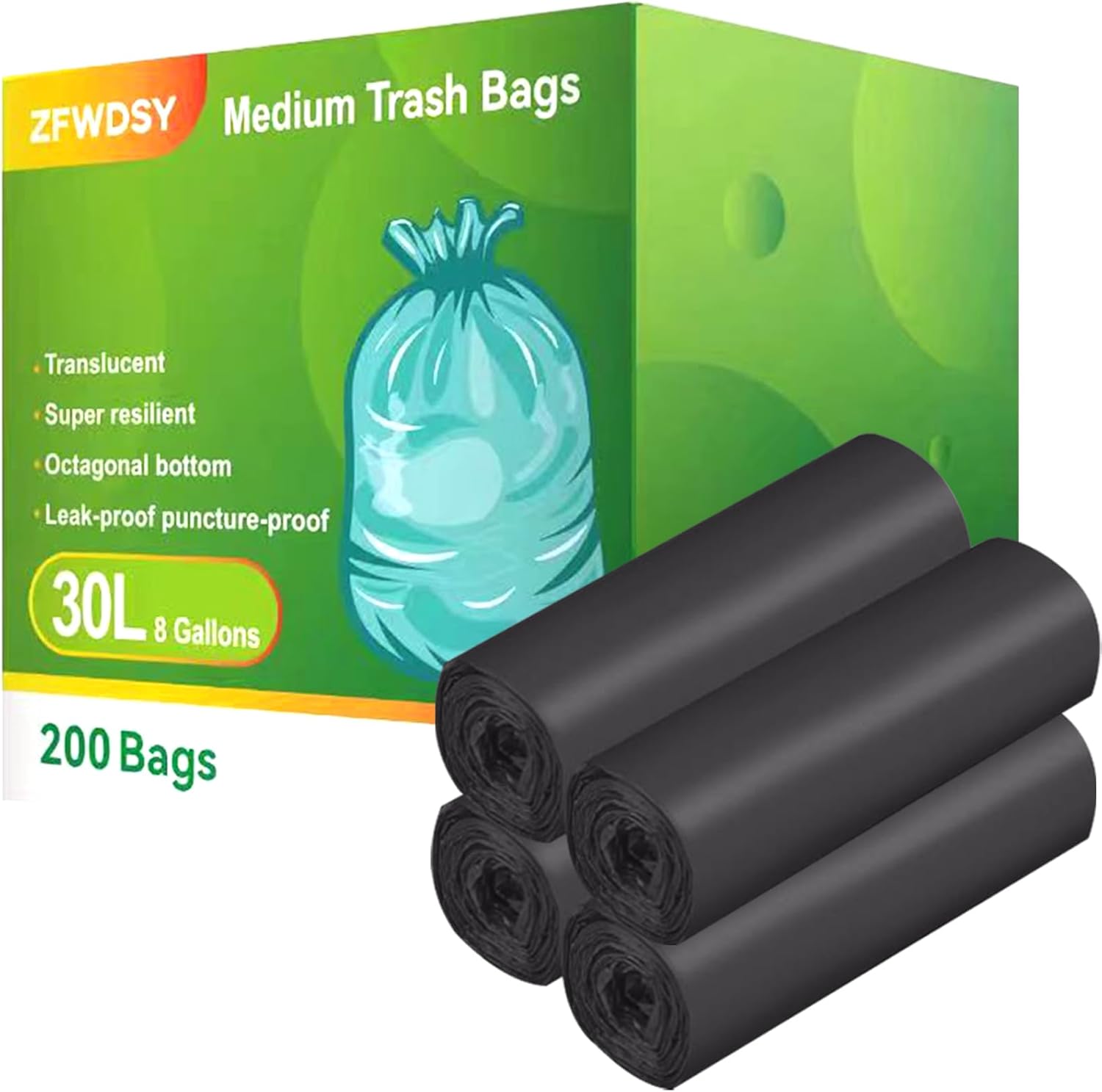 Bolsas de basura medianas de 0.75 mil, 200 unidades, 8 galones30 litros, forro para botes de basura para el hogar, oficina, cocina, baño, automóvil,
