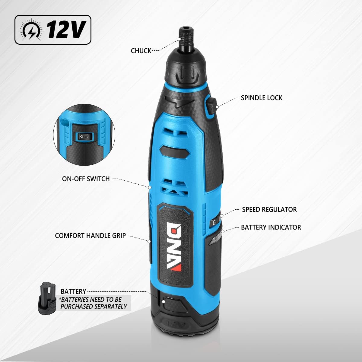 DNA MOTORING TOOLS-00163 – Herramienta giratoria inalámbrica de 12 V, velocidad variable, recargable, juego de mini amoladora inalámbrica para