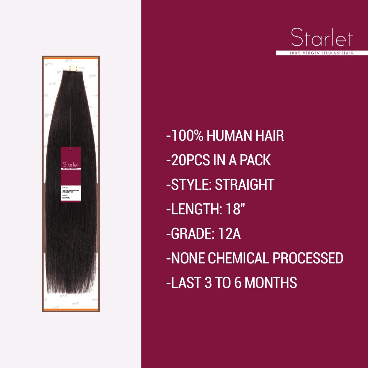Starlet – Extensiones de cabello humano adhesivas Yaki, lacio, 100% virgen, 12A, 18 pulgadas, 20 unidades de 1.76 oz, extensiones de cabello para