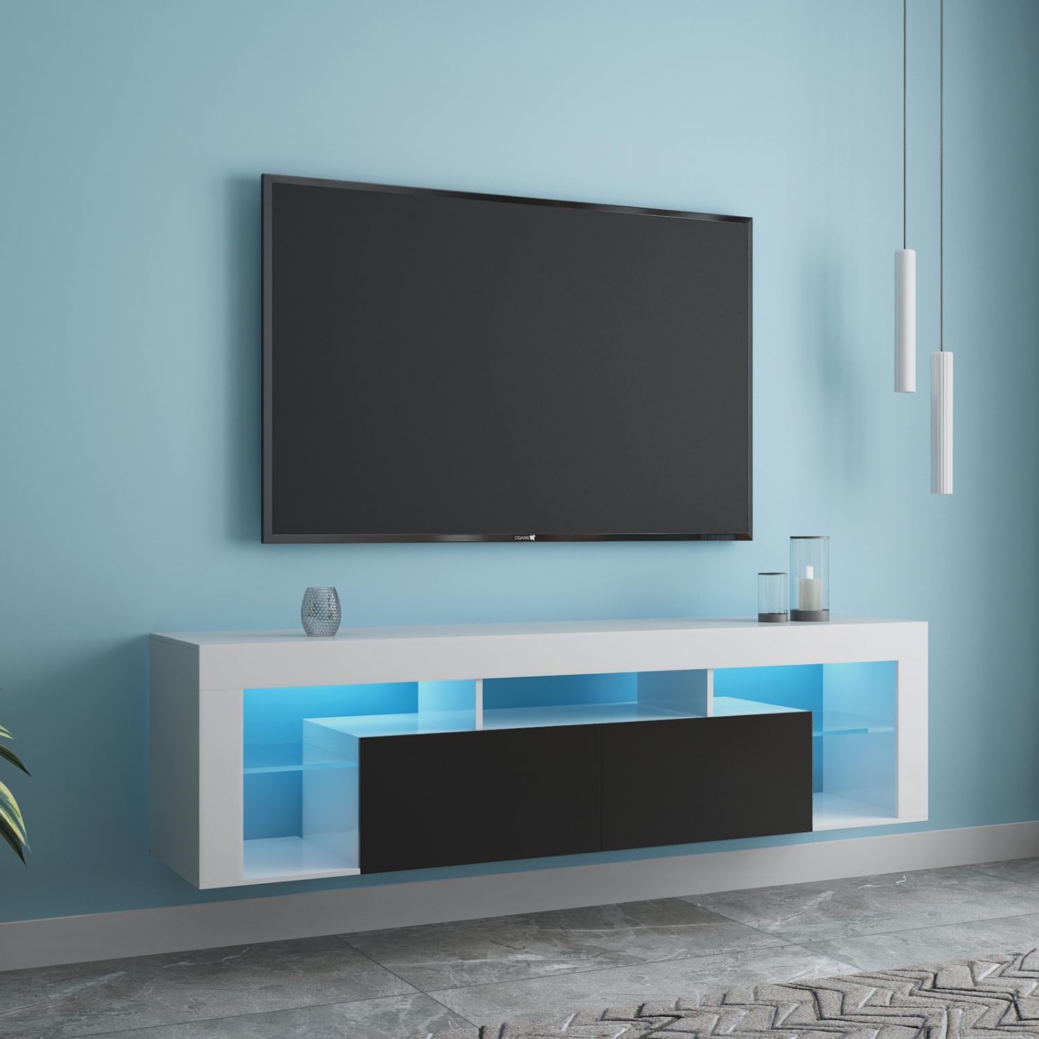 HXCQYGL Soporte flotante para TV montado en la pared, con 2 cajones y 160 luces LED, centro de entretenimiento flotante, moderno soporte de