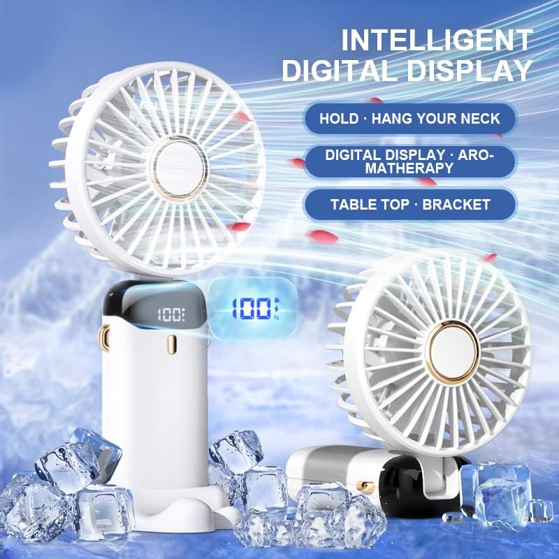 Ventilador eléctrico portátil de mano recargable por USB, pequeños ventiladores independientes con 5 velocidadesmodos y pantalla de alimentación,