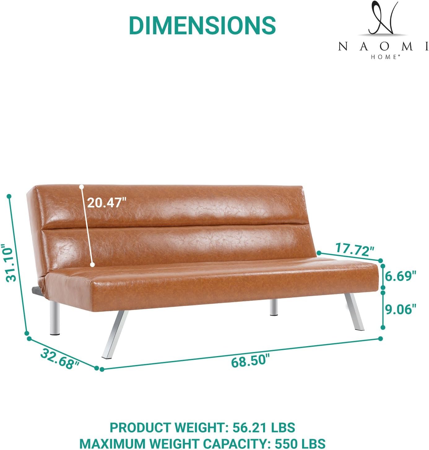 Naomi Home Sofá cama futón de cuero caramelo