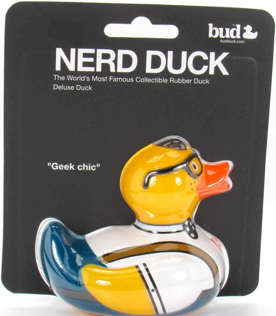 Pato de goma nerd de Bud Ducks  Elegante embalaje de regalo – “Geek chic!”  Seguro para niños  Coleccionable