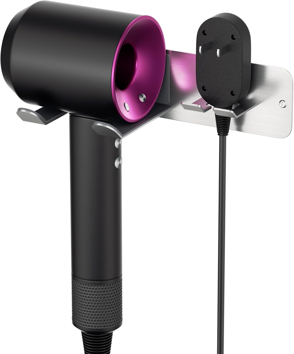 JNIHEEP Soporte para secador de pelo montado en la pared, soporte autoadhesivo de acero inoxidable para secador de pelo supersónico Dyson, plateado