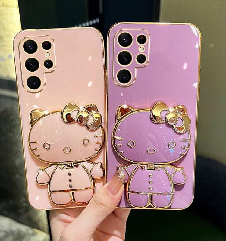 Fancy Kitty – Funda de teléfono para Samsung S23 Ultra, chapado en 6D MIUMIU con diseño de soporte, funda de espejo de maquillaje, funda femenina de