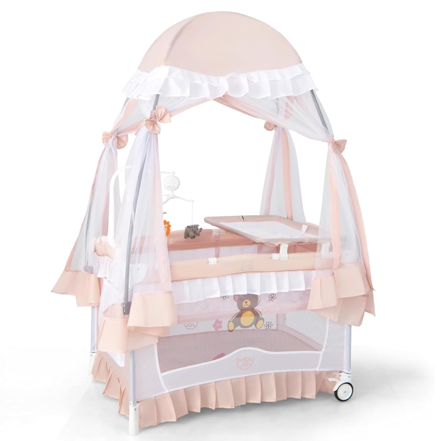 BABY JOY Paquete 4 en 1 con toldo, corralito portátil para bebé con moisés, diseño de entrada con cremallera lateral, ruedas y freno, moisés