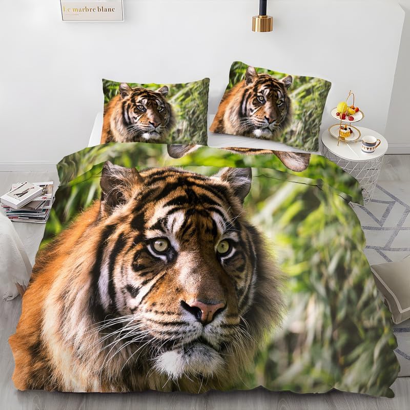Siberian Tiger Green California King Duvet Cover Animal Print Bedding Soft Microfiber Comforter Cover and 2 Pillow Shams 20″X36″, Bed Set Duvet