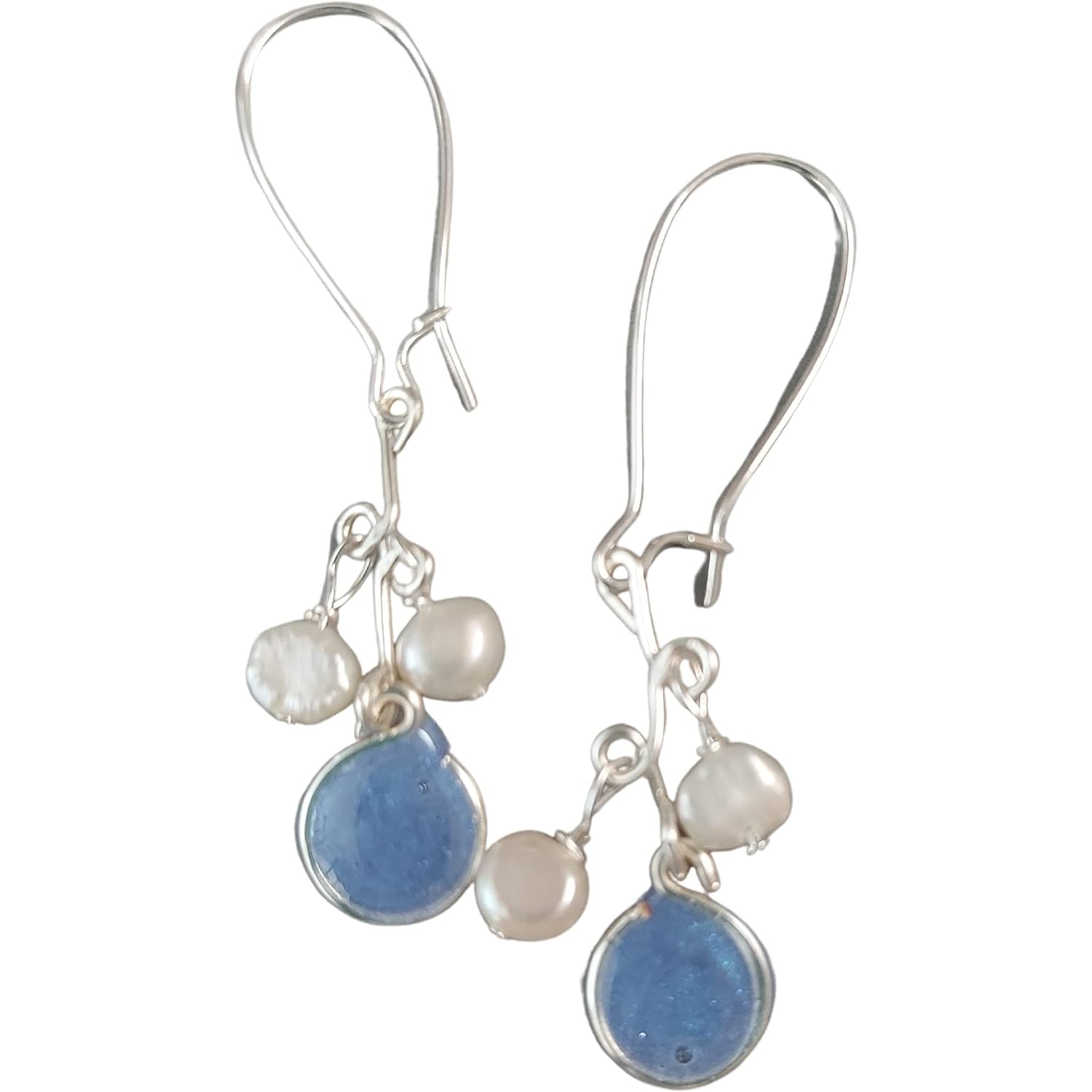 Handmade Lightweight Periwinkle Resin and White Pearl Cluster Silvertone Drop Earrings Beads by Bettina