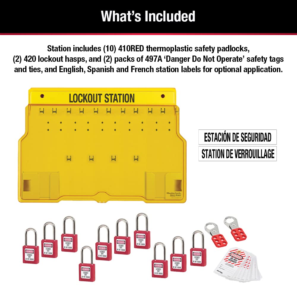 Master Lock Estación de bloqueo de 10 paquetes con cubierta, Amarillo, 1