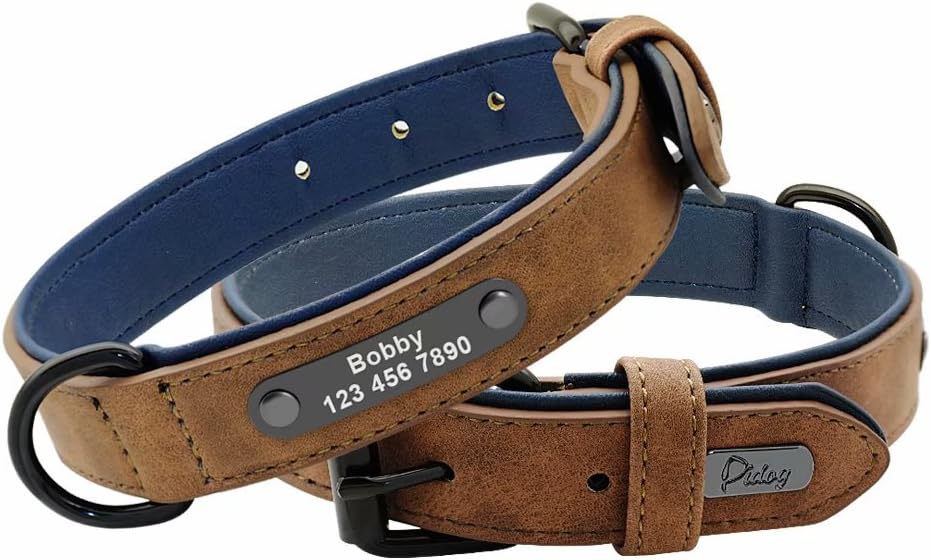 Didog Collares de cuero personalizados para perros con placa de identificación grabada, collares de perro acolchados personalizados grabados para