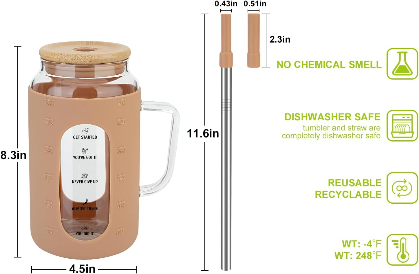 Zenbo Vaso de vidrio de 50 onzas con asa, tapa y pajilla, vaso de agua motivacional con marcador de tiempo