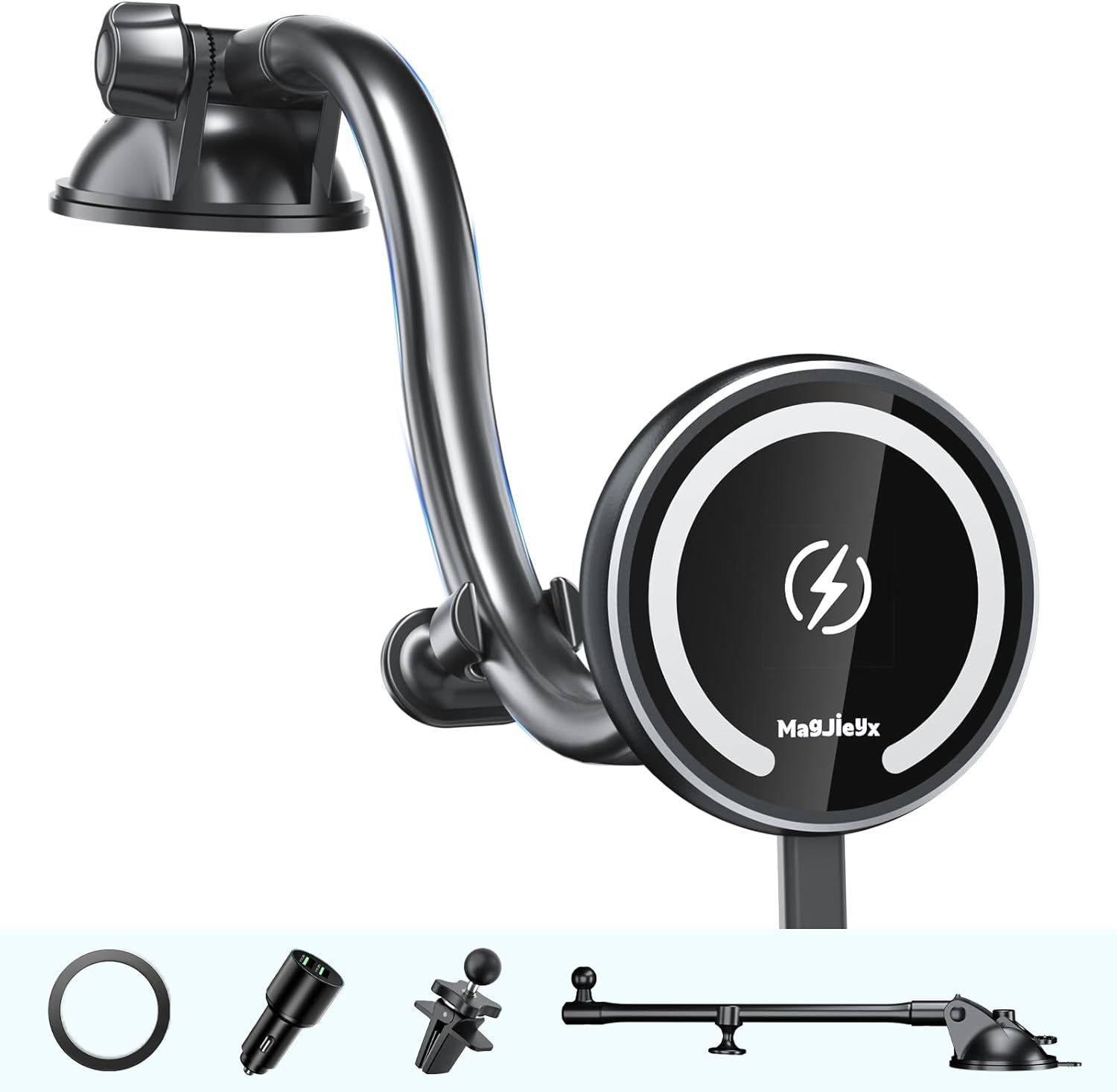 MAGJIEYX Fits Magsafe Car Mount Wireless Charger, Gooseneck Long Arm Suction Cup,DashboardVentWindshield for iPhone 15141312 SeriesMagSafe Casewith